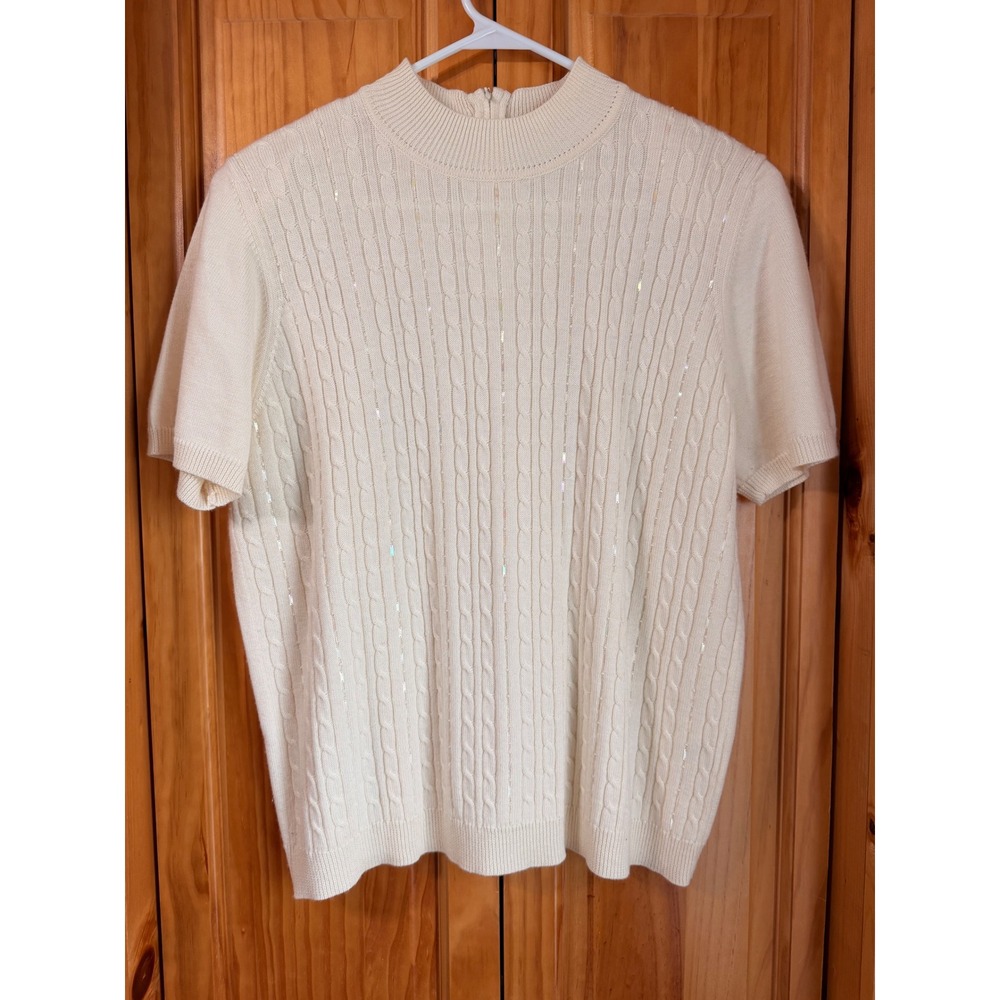 Alfred Dunner Sequin Cable Knit Sweater Womens Sz L Cream Wool Blend Mockneck